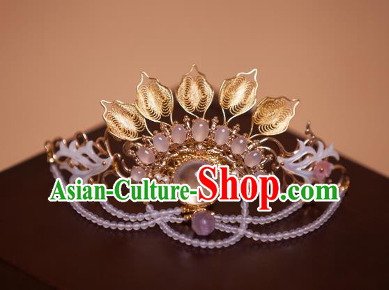 Chinese Handmade Beads Tassel Hairpin Traditional Ming Dynasty Princess Golden Leaf Hair Crown