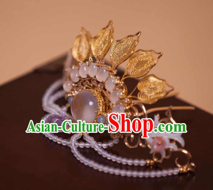Chinese Handmade Beads Tassel Hairpin Traditional Ming Dynasty Princess Golden Leaf Hair Crown