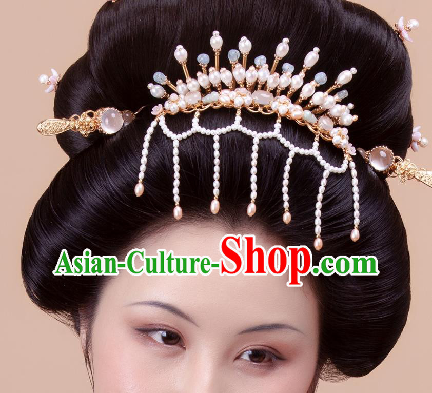 Chinese Handmade Golden Hairpin Traditional Tang Dynasty Empress Pearls Tassel Hair Comb