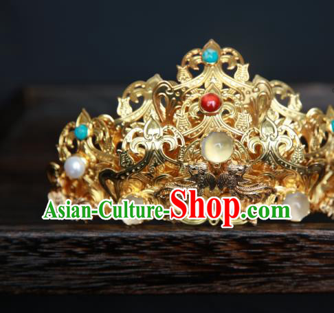 Chinese Handmade Gems Hairpin Traditional Ming Dynasty Empress Golden Hair Crown