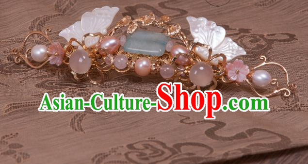 Chinese Handmade Pearls Hairpin Traditional Ming Dynasty Princess Shell Butterfly Hair Crown