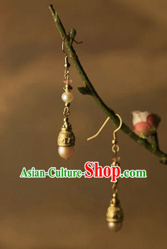 China Traditional Golden Earrings Ancient Qing Dynasty Imperial Consort Pearls Ear Jewelry