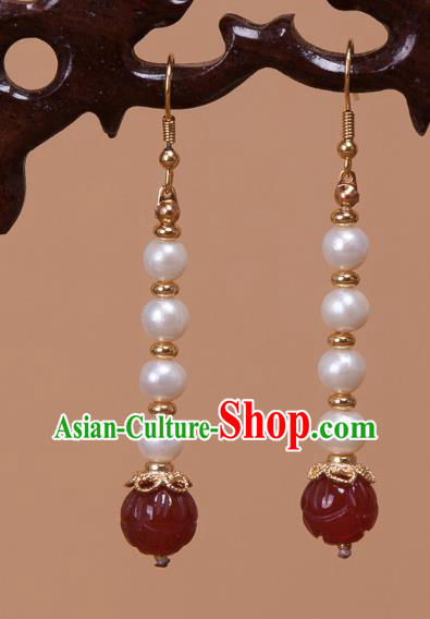 China Traditional Pearls Earrings Ancient Tang Dynasty Palace Lady Agate Lotus Ear Jewelry
