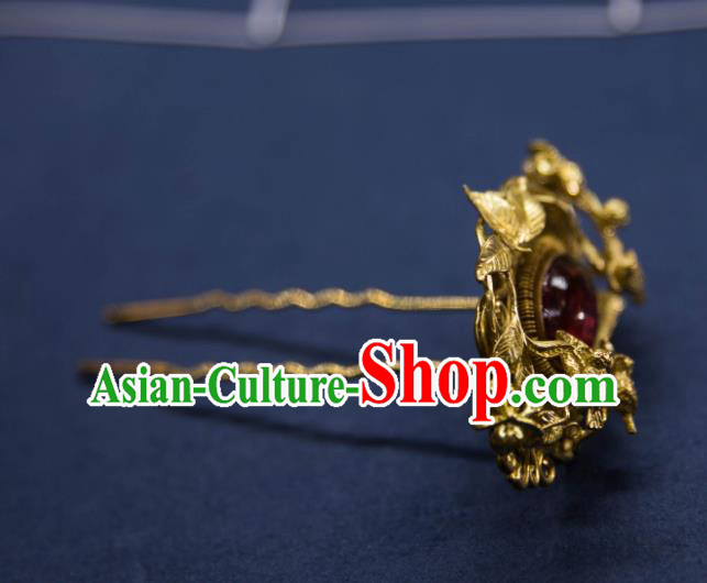 Chinese Handmade Golden Hairpin Traditional Ming Dynasty Princess Ruby Hair Stick