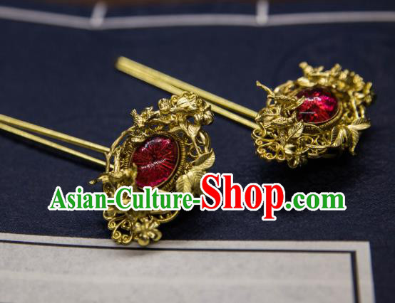 Chinese Handmade Golden Hairpin Traditional Ming Dynasty Princess Ruby Hair Stick