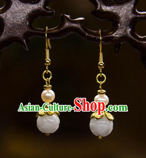 China Traditional Jade Carving Lotus Earrings Ancient Ming Dynasty Pearl Golden Ear Jewelry