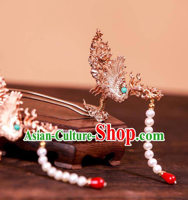 Chinese Handmade Tassel Hair Stick Traditional Ming Dynasty Hanfu Hair Accessories Ancient Empress Golden Phoenix Hairpin