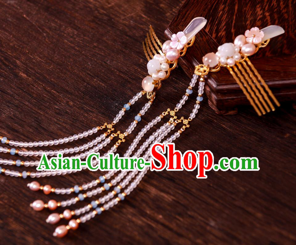 Chinese Handmade Beads Tassel Hair Comb Traditional Ming Dynasty Hanfu Hair Accessories Ancient Princess Golden Hairpin