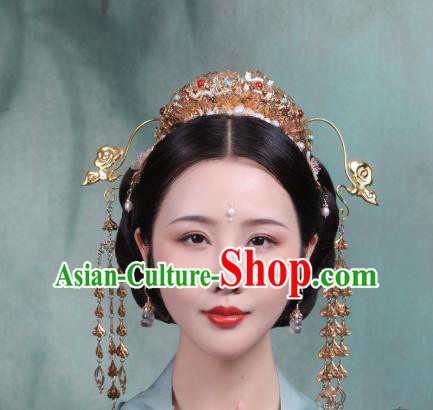 Chinese Handmade Golden Tassel Hair Crown Traditional Tang Dynasty Empress Phoenix Coronet