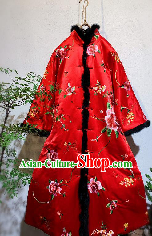 China Tang Suit Winter Clothing National Embroidered Peony Outer Wear Traditional Red Silk Dust Coat