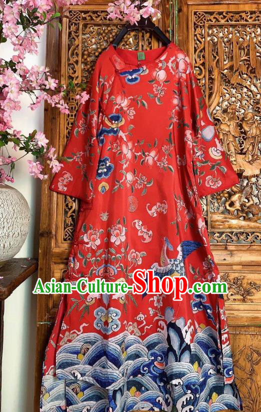 Chinese Traditional Printing Red Silk Cheongsam Clothing National Qipao Dress