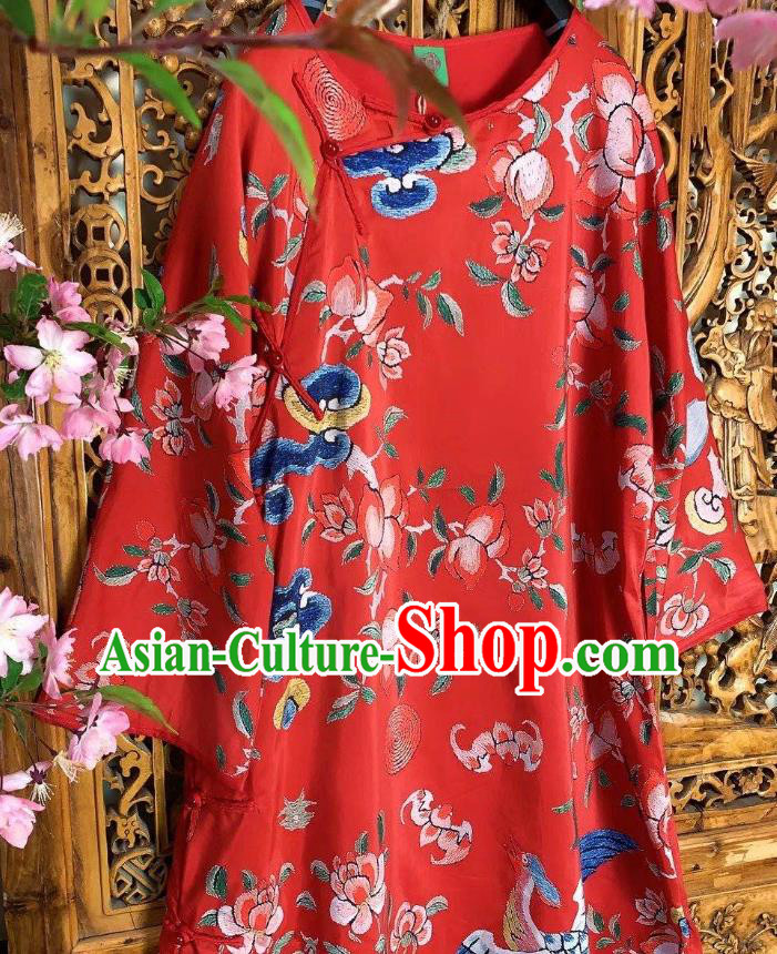 Chinese Traditional Printing Red Silk Cheongsam Clothing National Qipao Dress