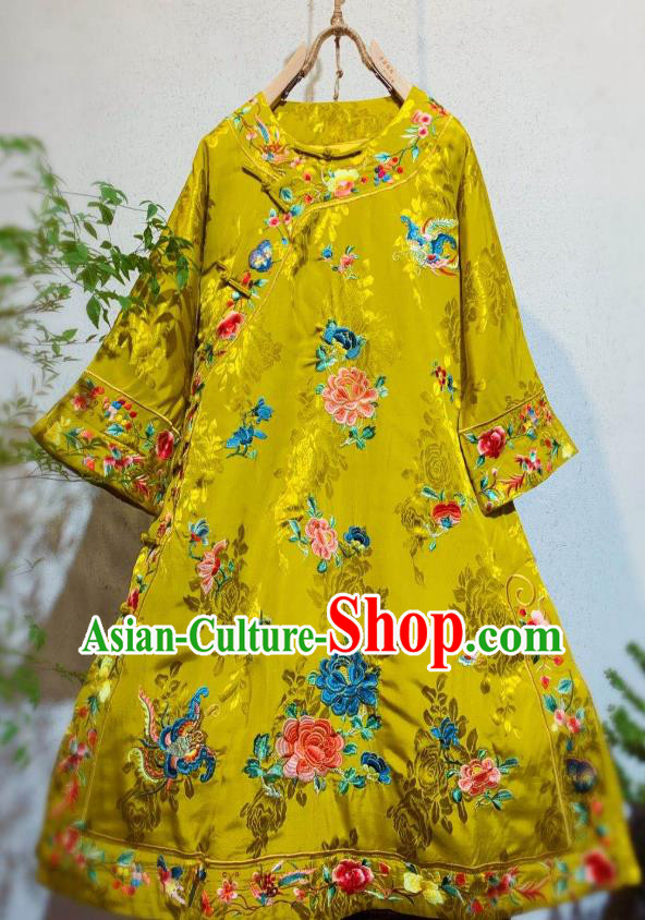 Chinese Traditional Qing Dynasty Embroidered Peony Cheongsam Clothing National Golden Silk Qipao Dress