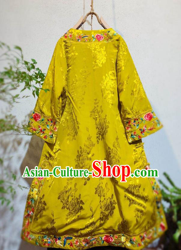 Chinese Traditional Qing Dynasty Embroidered Peony Cheongsam Clothing National Golden Silk Qipao Dress