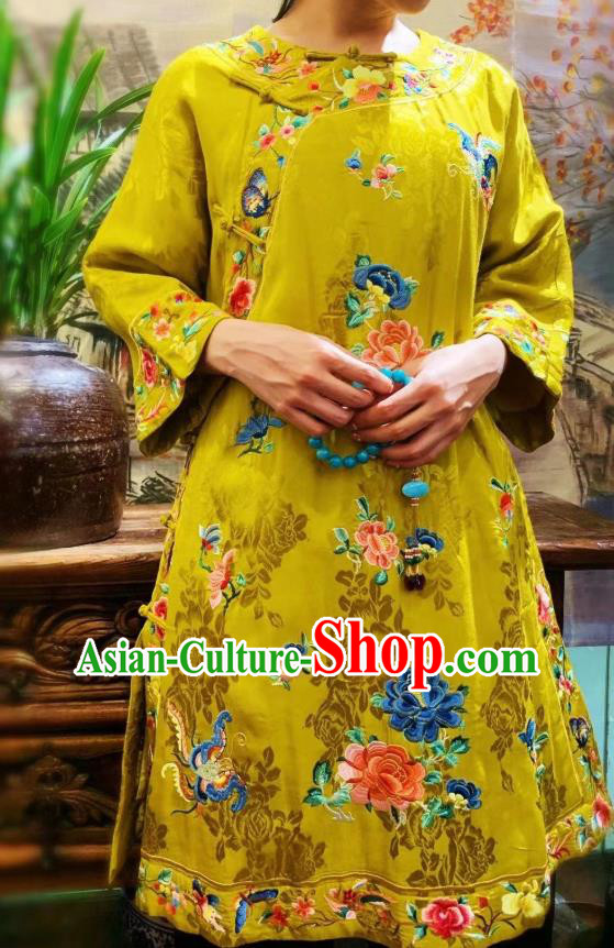 Chinese Traditional Qing Dynasty Embroidered Peony Cheongsam Clothing National Golden Silk Qipao Dress