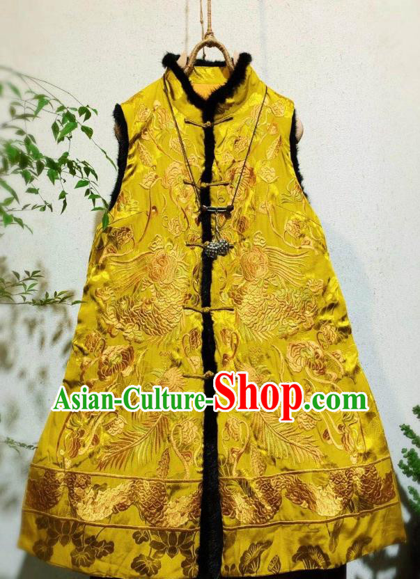 China Tang Suit Waistcoat National Winter Clothing Embroidered Yellow Silk Vest