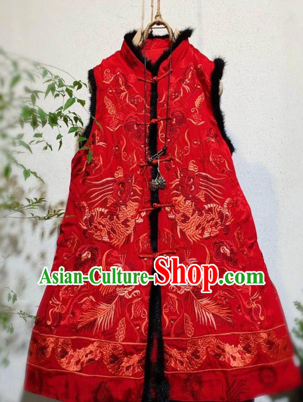 China National Winter Clothing Embroidered Red Silk Vest Tang Suit Cotton Padded Waistcoat