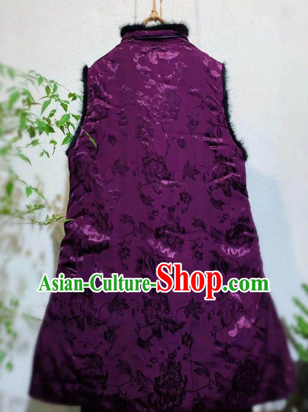 China Tang Suit Cotton Padded Waistcoat National Winter Clothing Embroidered Purple Silk Vest