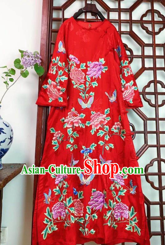 Chinese National Red Silk Qipao Dress Traditional Embroidered Peony Long Cheongsam Clothing