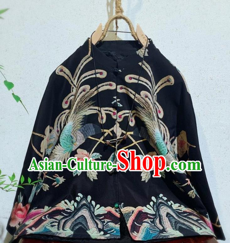 China Traditional Black Silk Coat Tang Suit Upper Outer Garment Clothing National Printing Phoenix Jacket