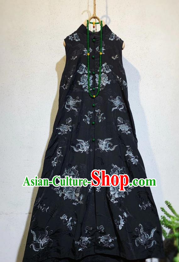 Chinese National Black Silk Qipao Dress Traditional Mandarin Long Cheongsam Clothing