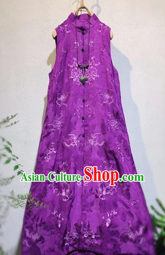 Chinese Purple Silk Qipao Dress Traditional Long Mandarin Cheongsam National Clothing