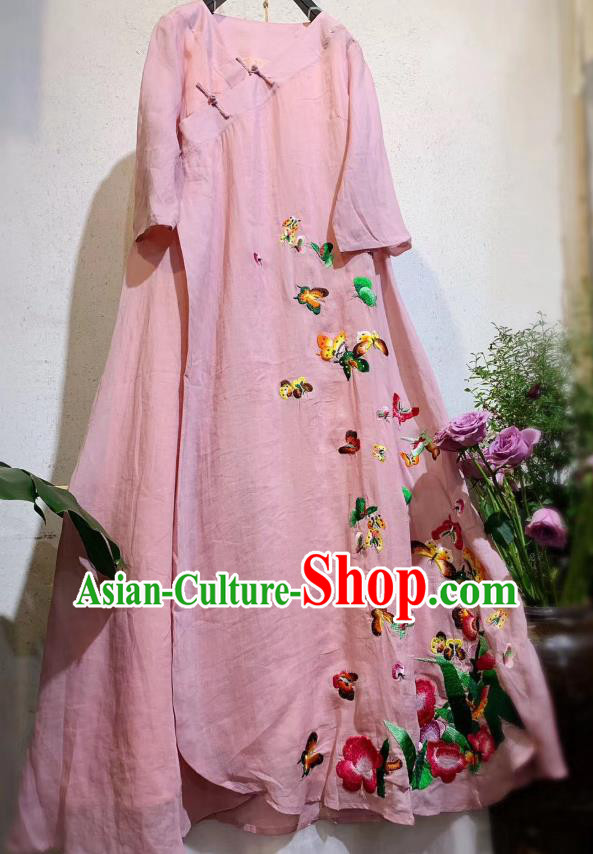 Chinese National Pink Flax Cheongsam Traditional Dress Clothing Embroidered Butterfly Qipao