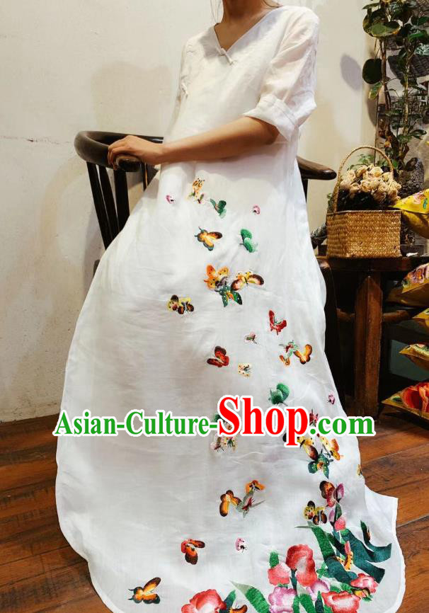 Chinese Embroidered Butterfly Qipao National White Flax Cheongsam Traditional Dress Clothing