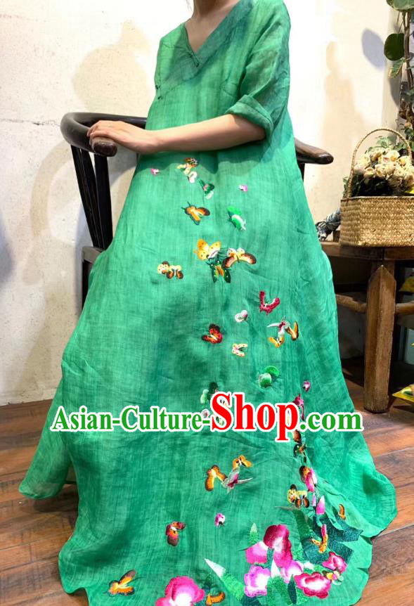 Chinese Traditional Dress Clothing Embroidered Butterfly Qipao National Green Flax Cheongsam