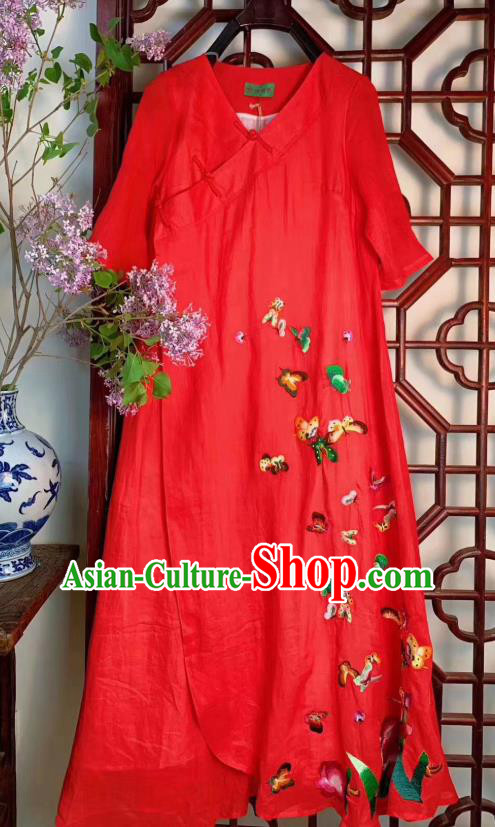 Chinese Traditional Clothing Embroidered Butterfly Long Qipao Dress National Red Flax Cheongsam
