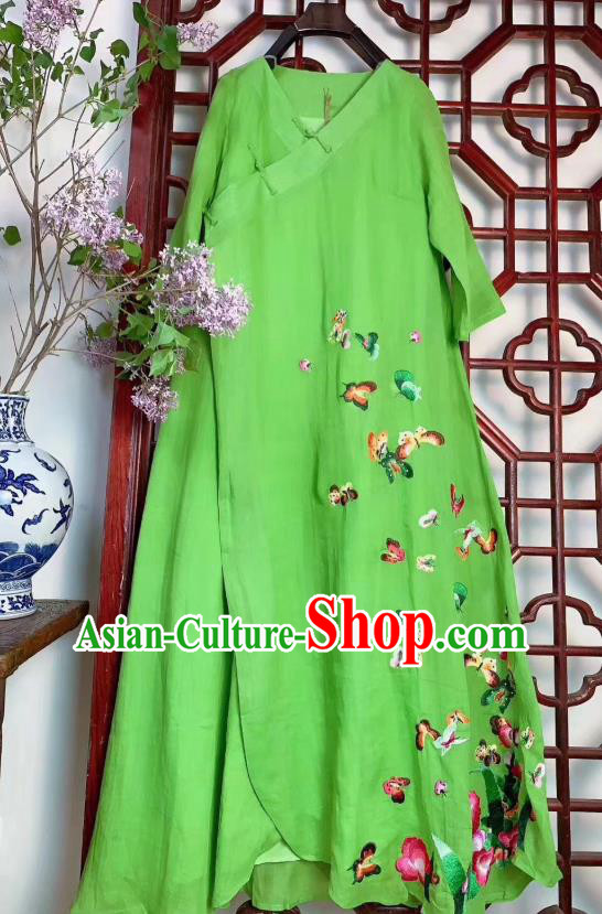 Chinese National Light Green Flax Cheongsam Traditional Clothing Embroidered Butterfly Long Qipao Dress