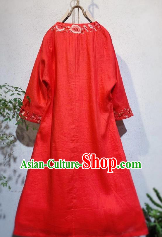 Chinese Embroidered Red Flax Qipao Dress Traditional Long Cheongsam National Clothing