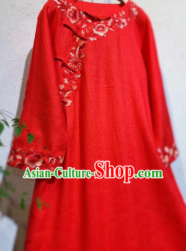 Chinese Embroidered Red Flax Qipao Dress Traditional Long Cheongsam National Clothing