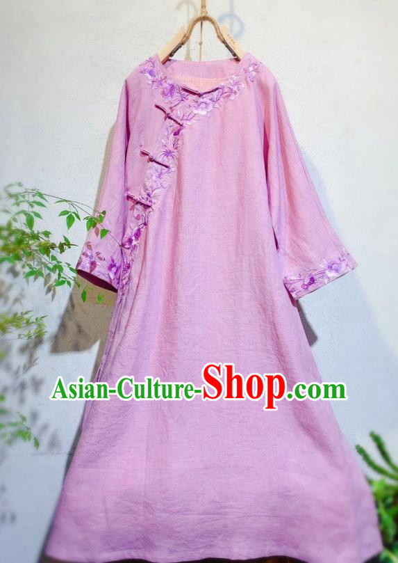 Chinese Traditional Long Cheongsam National Woman Clothing Embroidered Pink Flax Qipao Dress