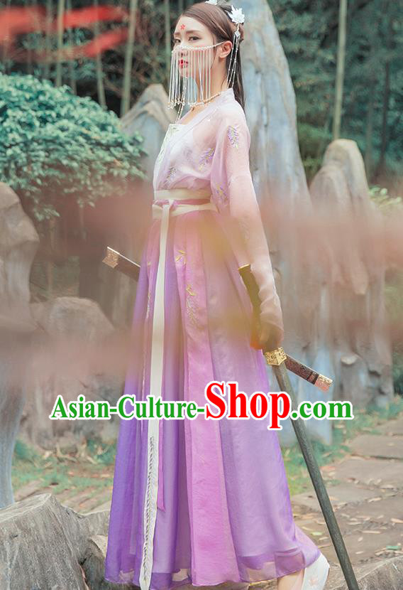 China Ancient Female Swordsman Hanfu Clothing Traditional Ming Dynasty Chivalrous Lady Purple Dress