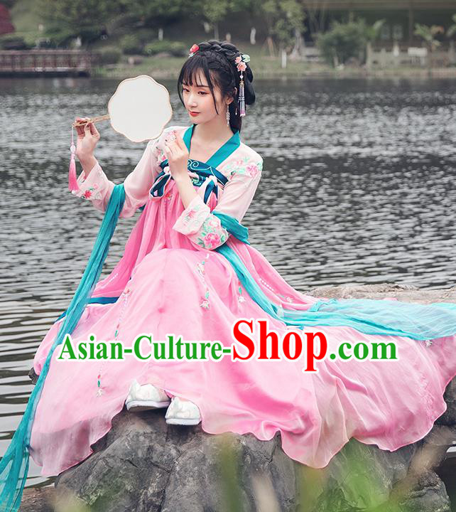 China Traditional Tang Dynasty Palace Lady Pink Hanfu Dress Ancient Young Beauty Costume