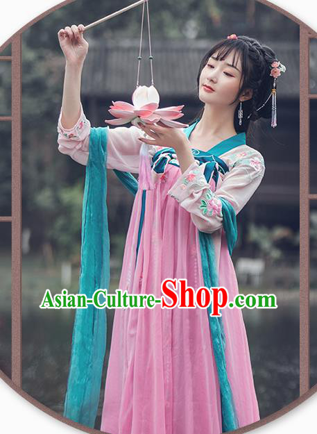 China Traditional Tang Dynasty Palace Lady Pink Hanfu Dress Ancient Young Beauty Costume