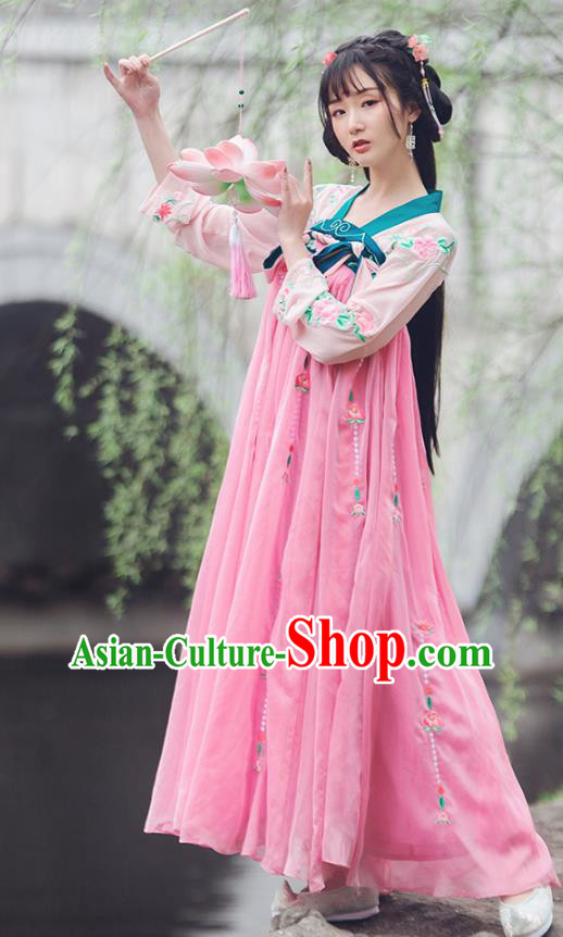China Traditional Tang Dynasty Palace Lady Pink Hanfu Dress Ancient Young Beauty Costume