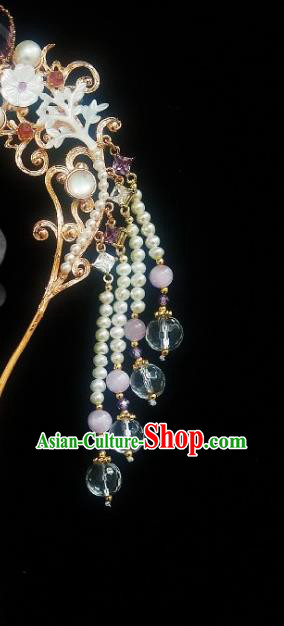 Chinese Handmade Ancient Princess Pearls Tassel Hairpin Traditional Ming Dynasty Zircon Hair Stick