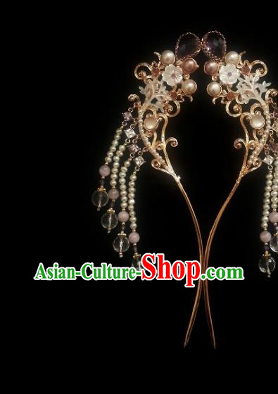 Chinese Handmade Ancient Princess Pearls Tassel Hairpin Traditional Ming Dynasty Zircon Hair Stick