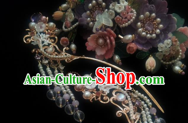 Chinese Handmade Ancient Princess Pearls Tassel Hairpin Traditional Ming Dynasty Zircon Hair Stick