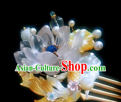 Chinese Handmade Shell Hairpin Traditional Ming Dynasty Lotus Goldfish Hair Comb