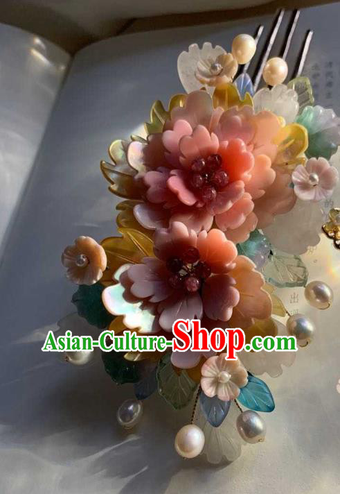Chinese Handmade Shell Hair Stick Traditional Ming Dynasty Princess Pink Peony Hair Comb