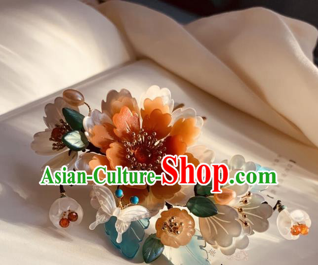 Chinese Handmade Shell Butterfly Hair Stick Traditional Ming Dynasty Princess Red Peony Hairpin