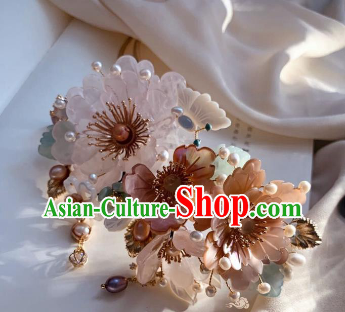 Chinese Handmade Shell Peony Hair Stick Traditional Ming Dynasty Princess Pearls Hairpin