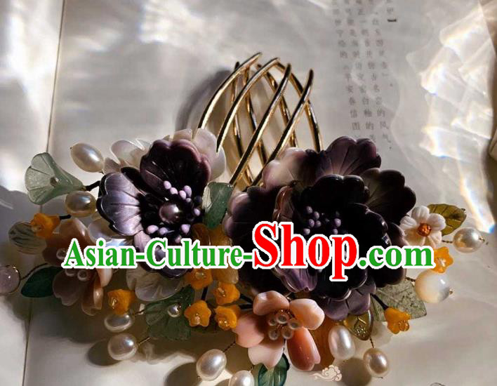 Chinese Handmade Shell Flowers Hair Stick Traditional Ming Dynasty Princess Purple Peony Hair Comb