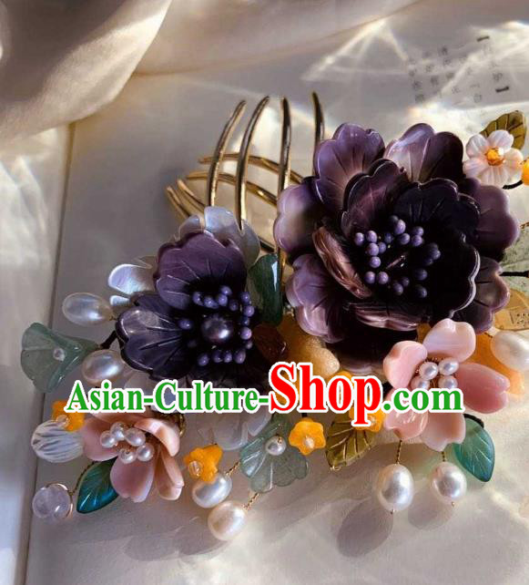 Chinese Handmade Shell Flowers Hair Stick Traditional Ming Dynasty Princess Purple Peony Hair Comb