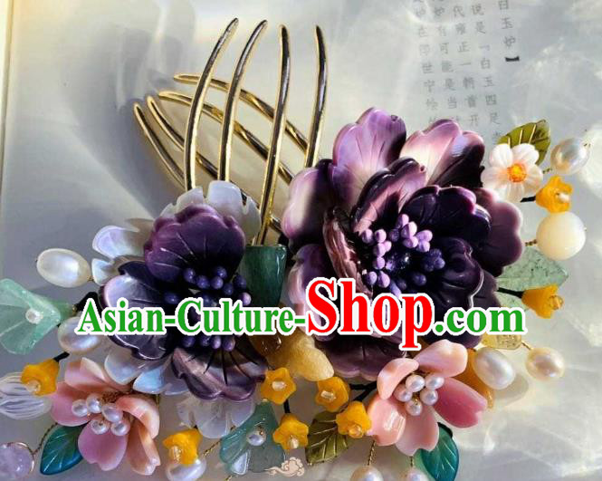 Chinese Handmade Shell Flowers Hair Stick Traditional Ming Dynasty Princess Purple Peony Hair Comb