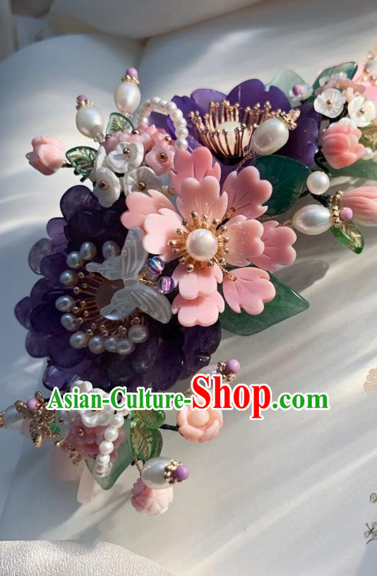 Chinese Handmade Purple Shell Peony Hair Stick Traditional Ming Dynasty Princess Pearls Butterfly Hairpin