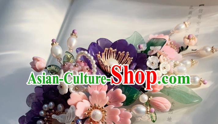 Chinese Handmade Purple Shell Peony Hair Stick Traditional Ming Dynasty Princess Pearls Butterfly Hairpin